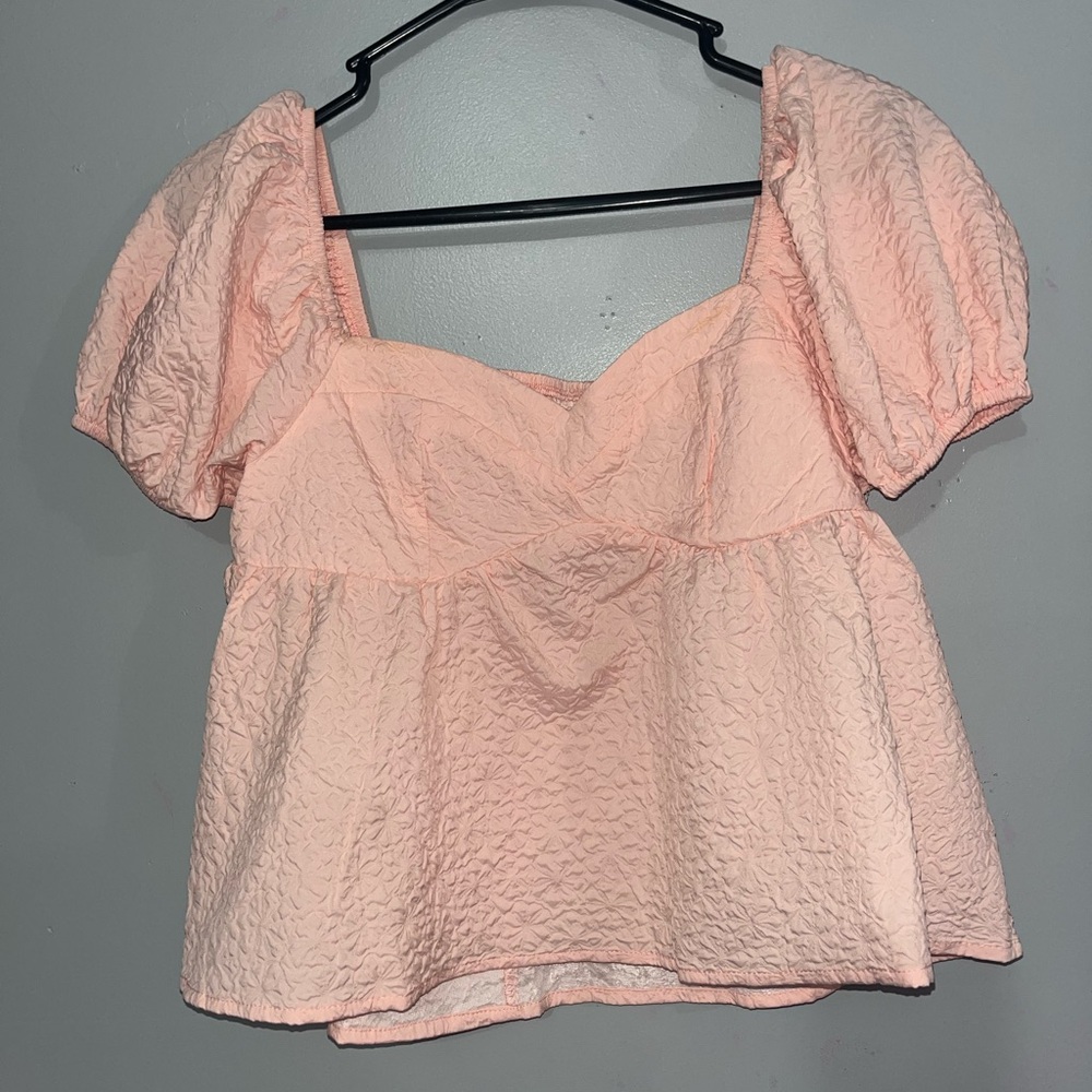 SHEIN Light Pink Textured Puff Sleeve Blouse